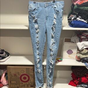 SHEIN Light Blue Ripped Skinny Jeans